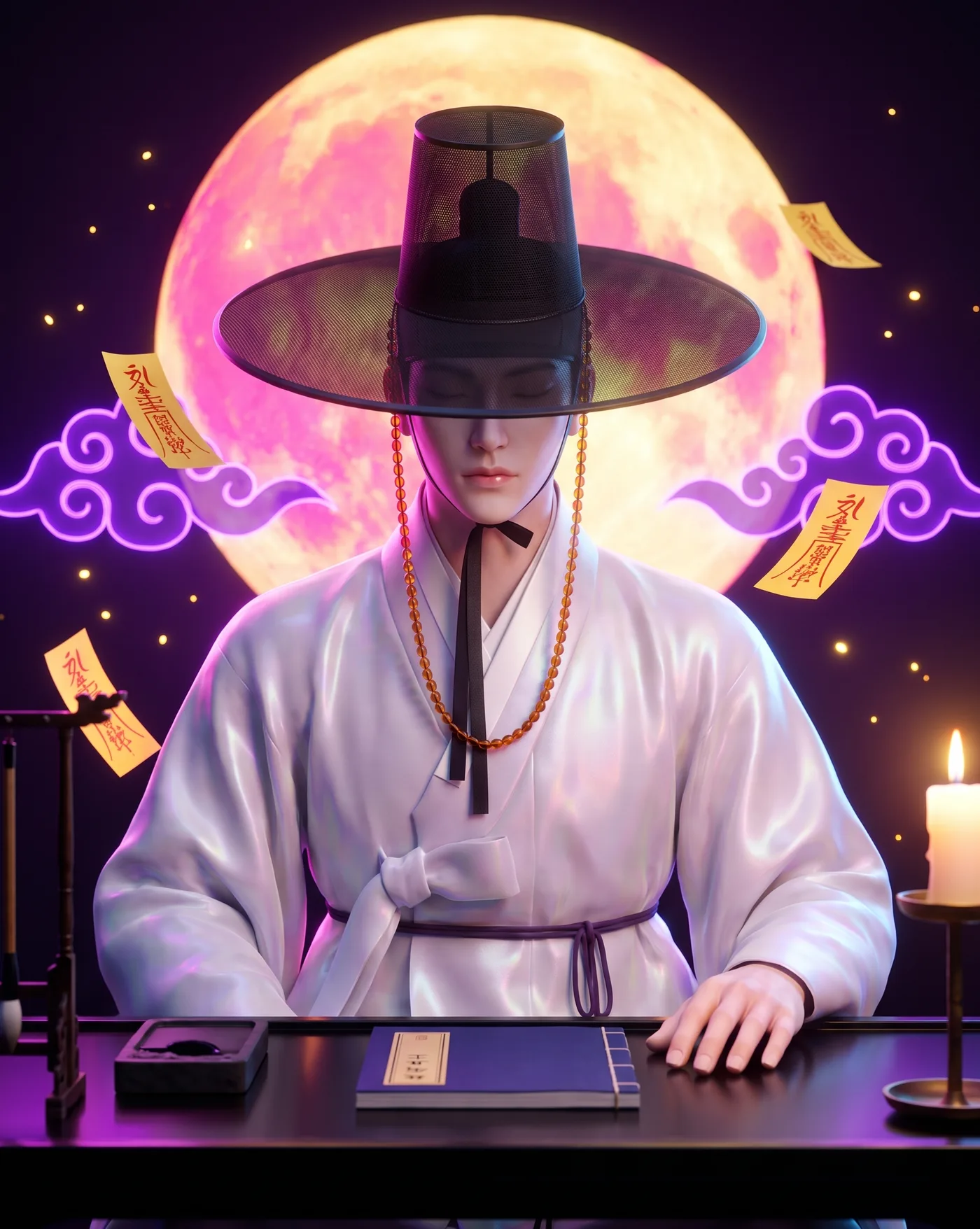 A Korean scholar in a black horsehair gat, its brim low over his eyes, sits at a lacquered desk with a closed book, a brush and a candle.